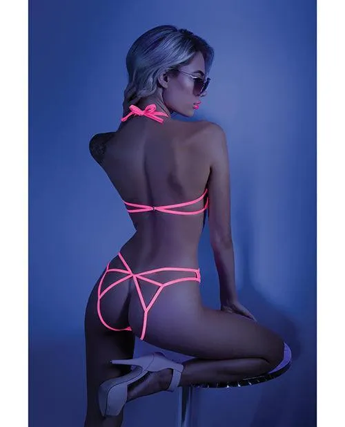 Fantasy Lingerie Dildos Glow Black Light Halter Bodysuit Wopen Sides Neon Pink