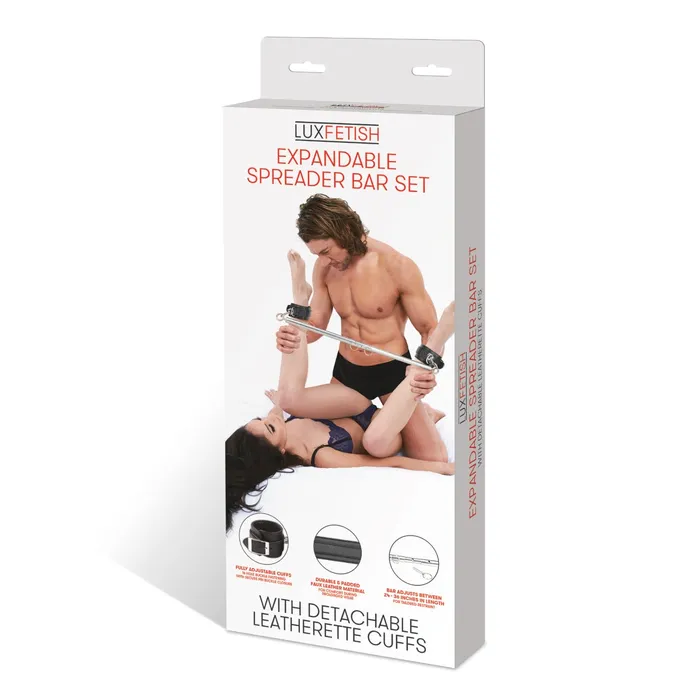 Lux Fetish Anal Lux Fetish Expandable Spreader Bar Set With Detachable Leatherette Cuffs Silver Black
